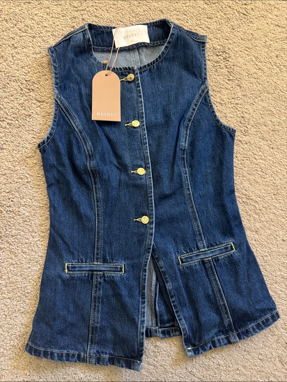 MESHKI Abel Denim Button Up Top Dark Blue